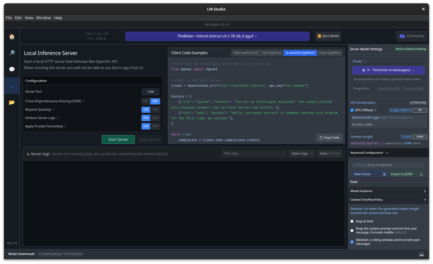L’onglet LM Studio pour lancer une API