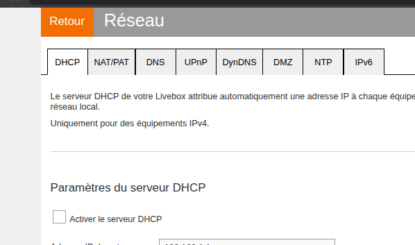 Coupure le DHCP de la Livebox